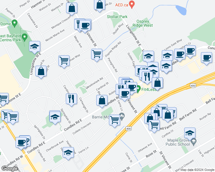 map of restaurants, bars, coffee shops, grocery stores, and more near 19 Cardinal Street in Barrie