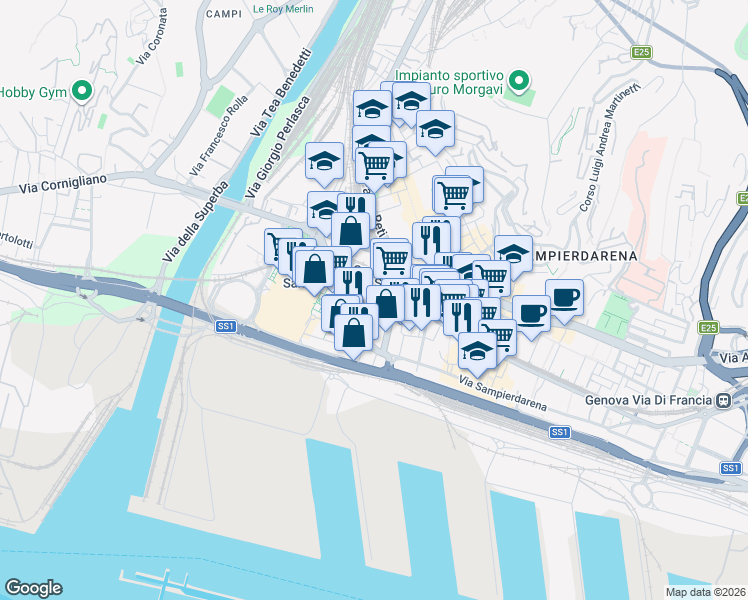 map of restaurants, bars, coffee shops, grocery stores, and more near 2 Via Stefano Dondero in Genoa