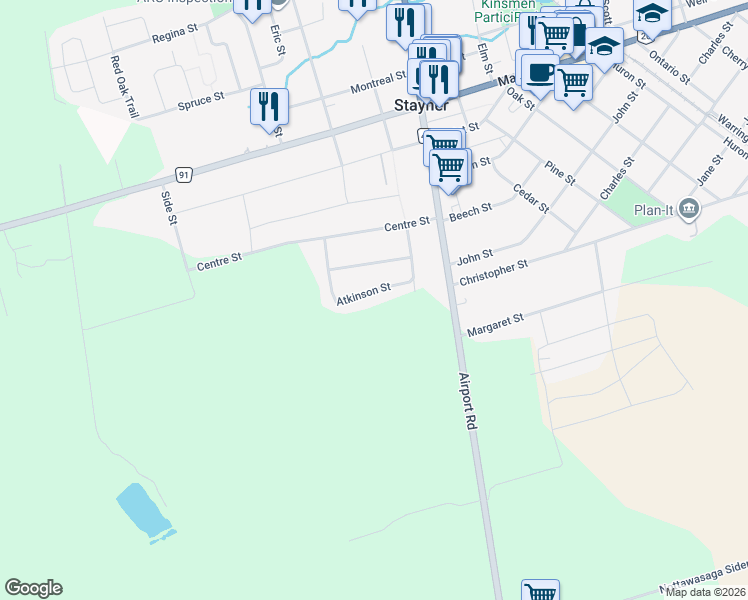 map of restaurants, bars, coffee shops, grocery stores, and more near 305 Atkinson Street in Stayner