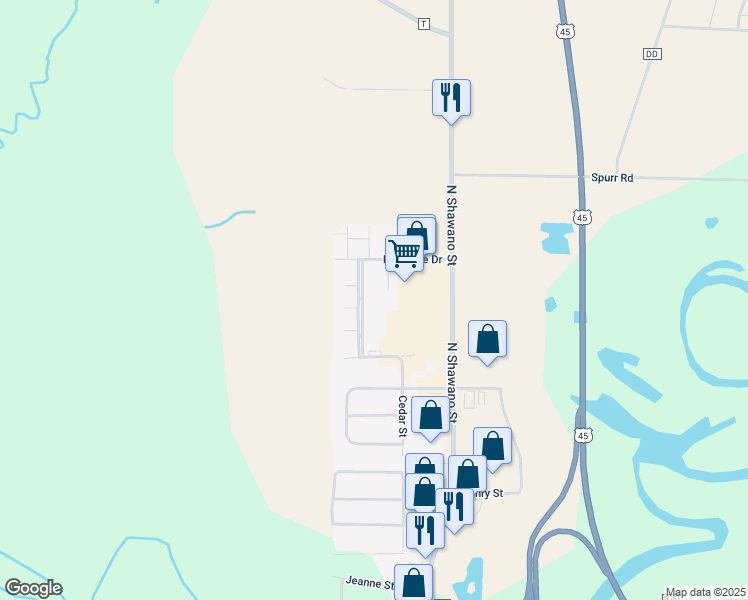 map of restaurants, bars, coffee shops, grocery stores, and more near 1717 North Shawano Street in New London