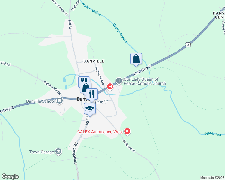 map of restaurants, bars, coffee shops, grocery stores, and more near 198 U.S. Highway 2 in Danville