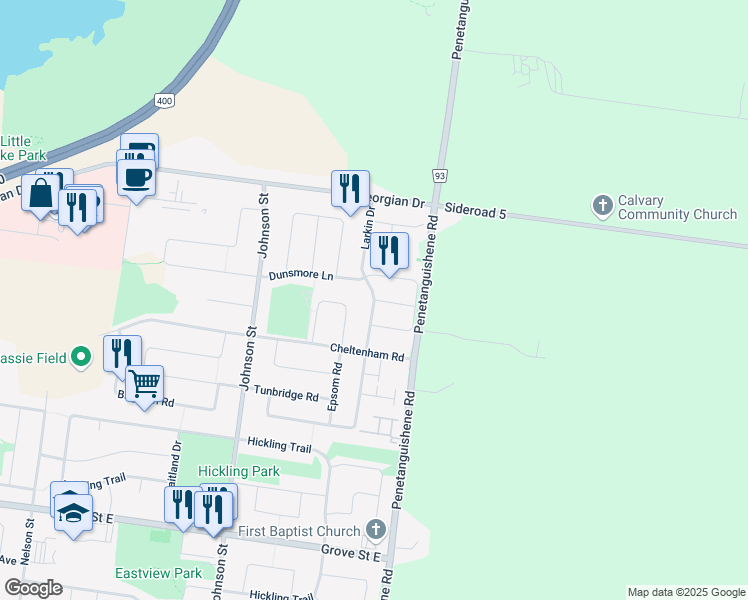 map of restaurants, bars, coffee shops, grocery stores, and more near Buggs Gate in Barrie