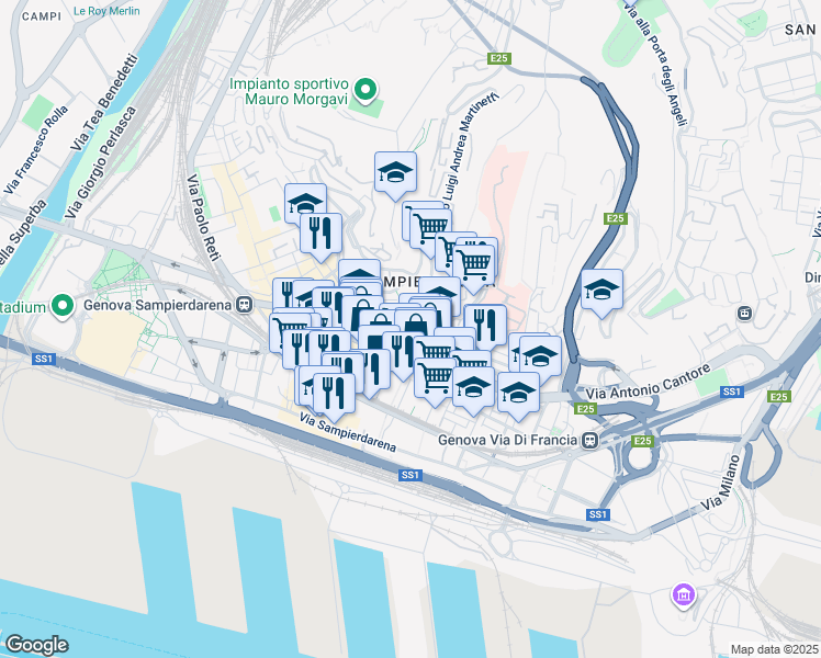 map of restaurants, bars, coffee shops, grocery stores, and more near 56 Via Nicolò Daste in Genoa