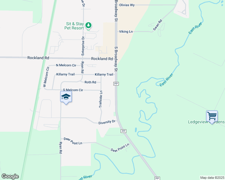 map of restaurants, bars, coffee shops, grocery stores, and more near 2180 South Broadway in De Pere