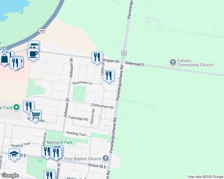 map of restaurants, bars, coffee shops, grocery stores, and more near 16 Buggs Gate in Barrie