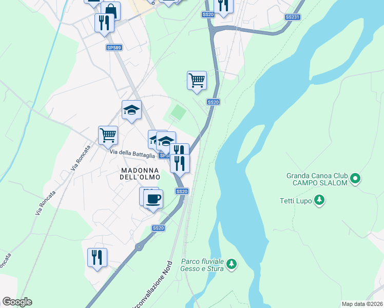 map of restaurants, bars, coffee shops, grocery stores, and more near 138 Via Torino in Cuneo