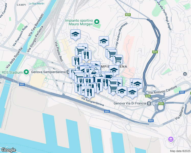 map of restaurants, bars, coffee shops, grocery stores, and more near 31 Via Nino Ronco in Genova