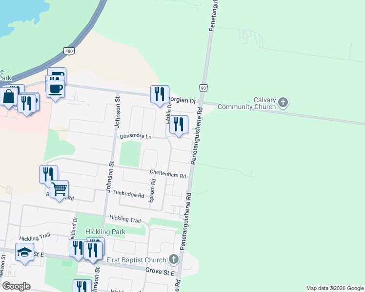 map of restaurants, bars, coffee shops, grocery stores, and more near 14 Buggs Gate in Barrie