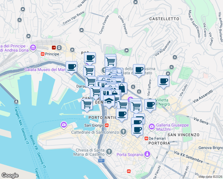 map of restaurants, bars, coffee shops, grocery stores, and more near 12 Via San Siro in Genova