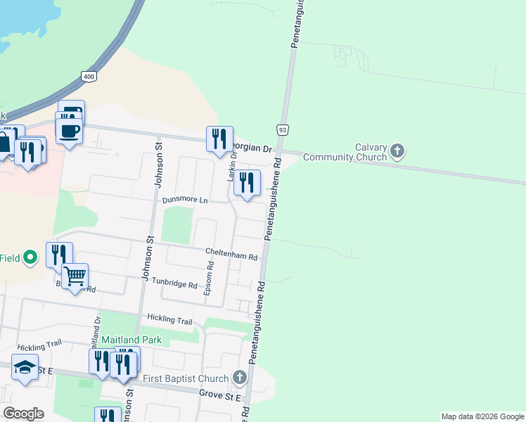 map of restaurants, bars, coffee shops, grocery stores, and more near 52 Quinlan Road in Barrie