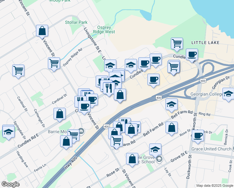 map of restaurants, bars, coffee shops, grocery stores, and more near 243 Cundles Road East in Barrie