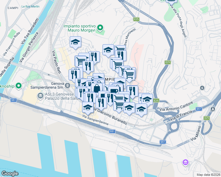 map of restaurants, bars, coffee shops, grocery stores, and more near 23 Corso Luigi Andrea Martinetti in Genoa