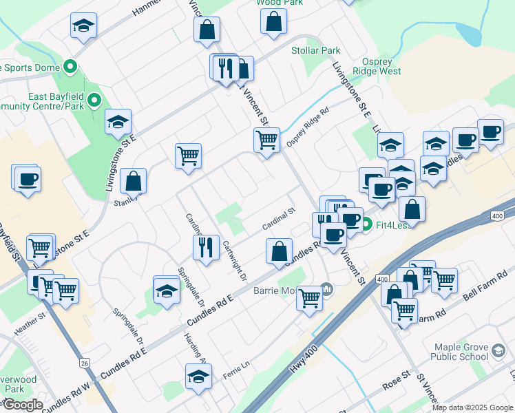 map of restaurants, bars, coffee shops, grocery stores, and more near 32 Meadowlark Road in Barrie