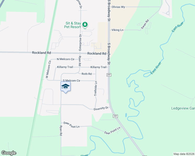 map of restaurants, bars, coffee shops, grocery stores, and more near 2135 Trailside Lane in De Pere