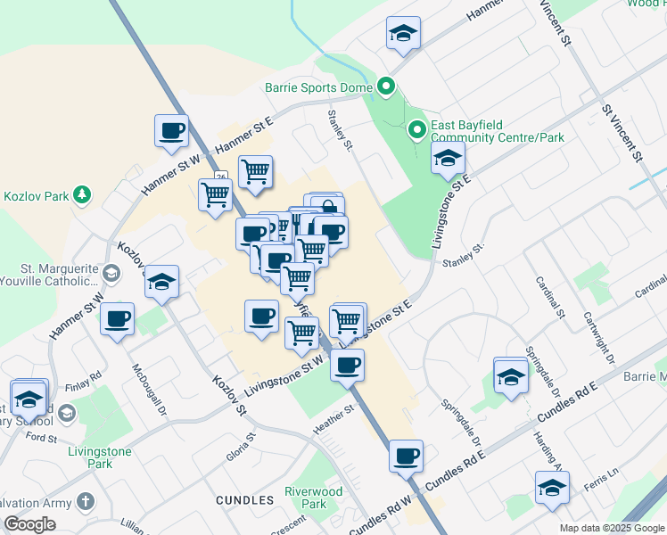 map of restaurants, bars, coffee shops, grocery stores, and more near 521 Bayfield Street in Barrie