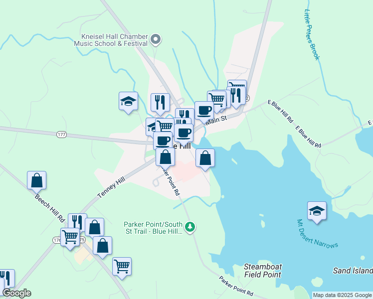 map of restaurants, bars, coffee shops, grocery stores, and more near 27 Water Street in Blue Hill