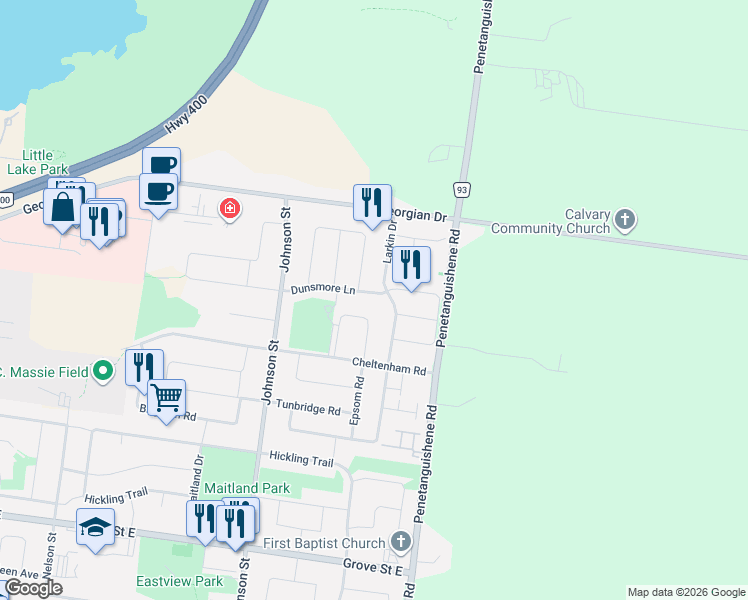 map of restaurants, bars, coffee shops, grocery stores, and more near 313 Dunsmore Lane in Barrie