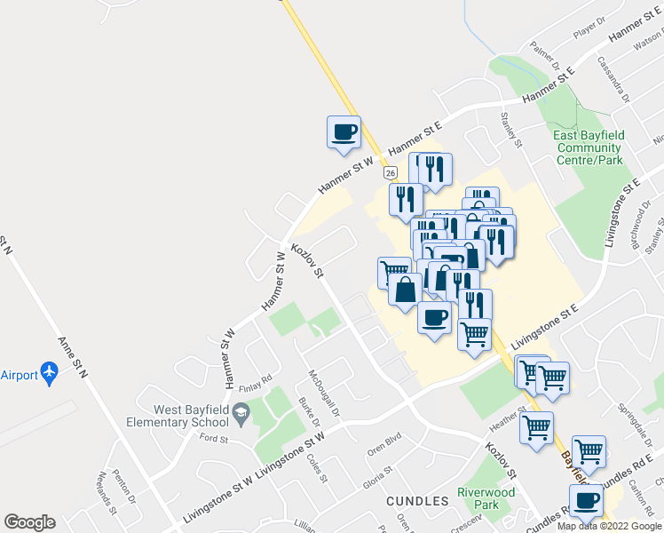 map of restaurants, bars, coffee shops, grocery stores, and more near 10 Pearcey Crescent in Barrie