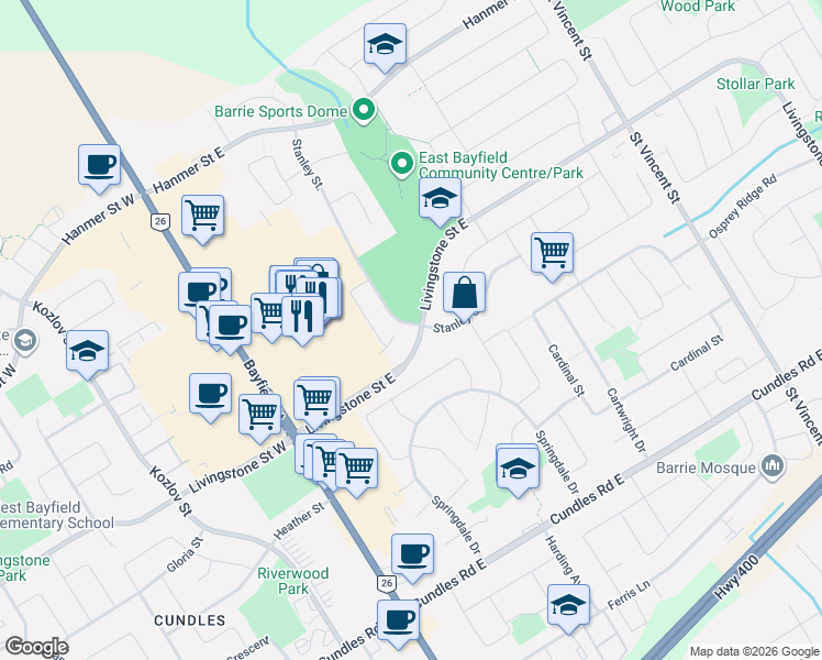 map of restaurants, bars, coffee shops, grocery stores, and more near in Barrie