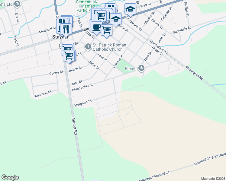 map of restaurants, bars, coffee shops, grocery stores, and more near 207 Clarence Street in Stayner