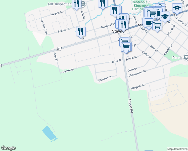 map of restaurants, bars, coffee shops, grocery stores, and more near 233 Atkinson Street in Stayner