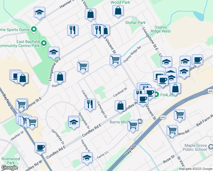 map of restaurants, bars, coffee shops, grocery stores, and more near 44 Hadden Crescent in Barrie