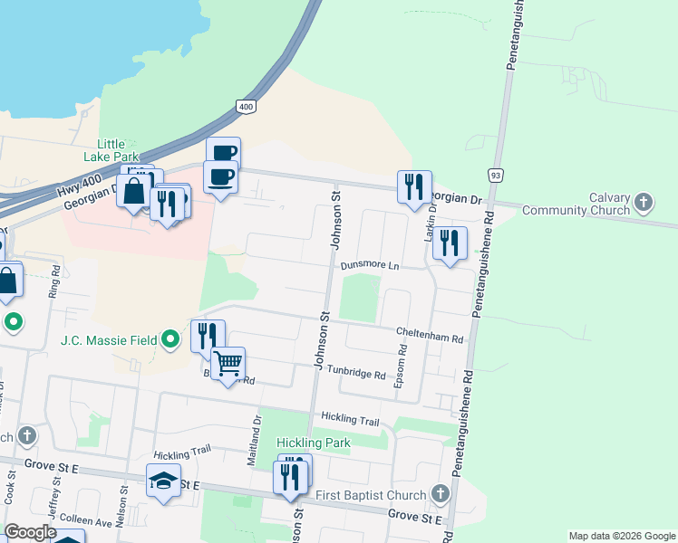 map of restaurants, bars, coffee shops, grocery stores, and more near in Barrie