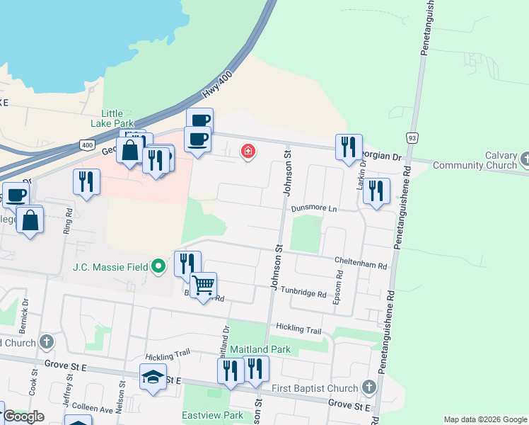 map of restaurants, bars, coffee shops, grocery stores, and more near 209 Dunsmore Lane in Barrie
