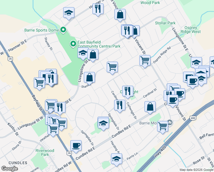 map of restaurants, bars, coffee shops, grocery stores, and more near in Barrie