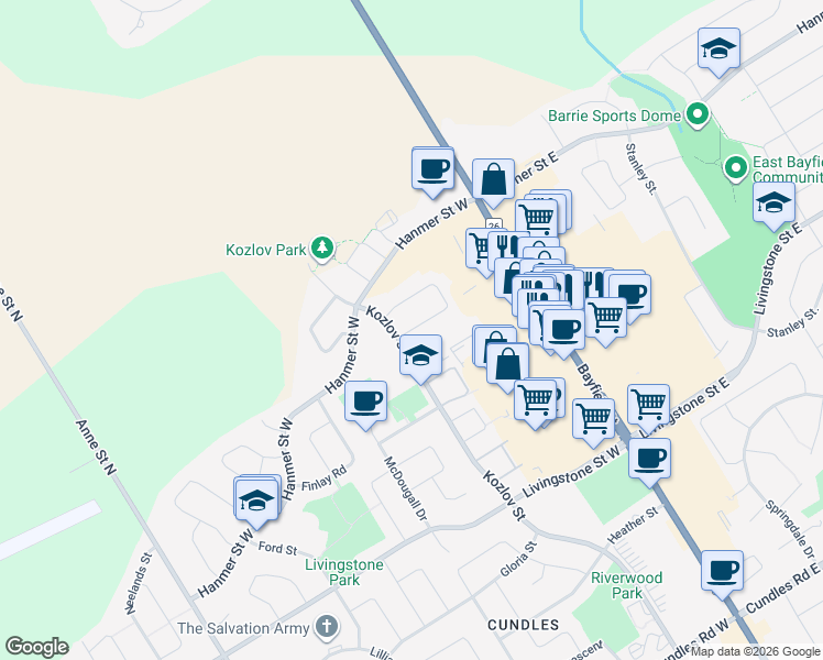 map of restaurants, bars, coffee shops, grocery stores, and more near 66 Pearcey Crescent in Barrie