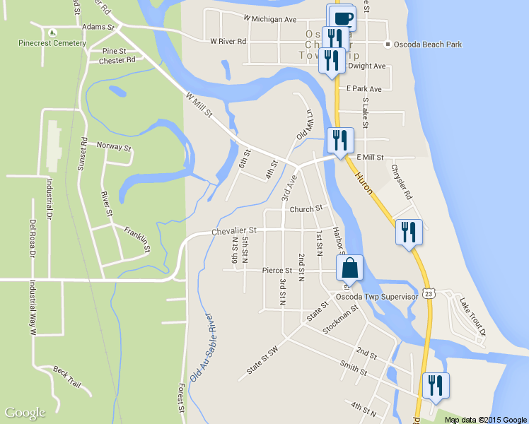 map of restaurants, bars, coffee shops, grocery stores, and more near 420 Church St in Au Sable Charter Township