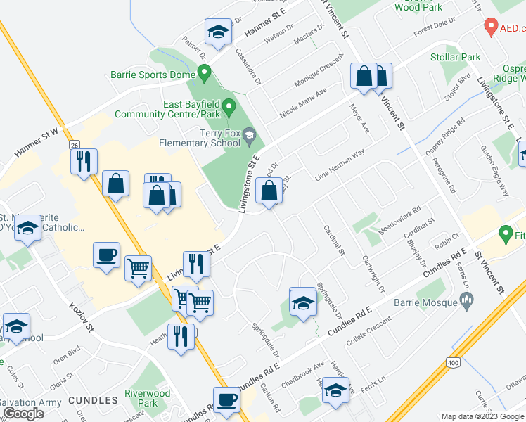 map of restaurants, bars, coffee shops, grocery stores, and more near 270 Stanley Street in Barrie