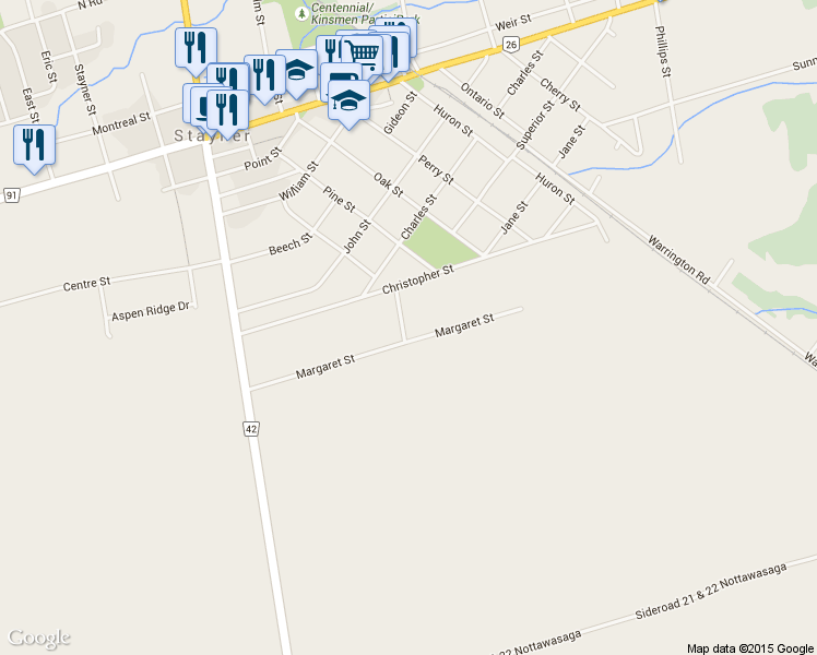map of restaurants, bars, coffee shops, grocery stores, and more near 207 Clarence Street in Stayner