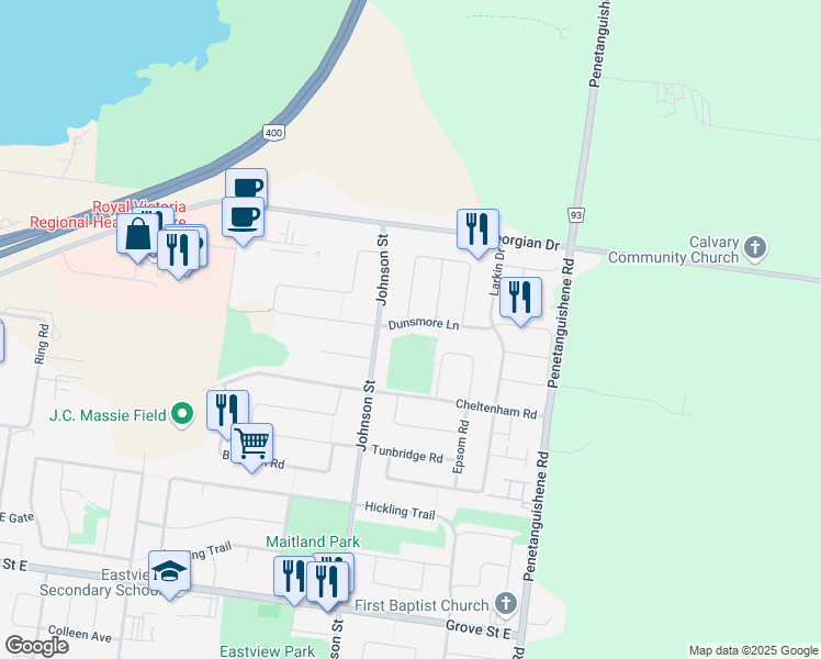 map of restaurants, bars, coffee shops, grocery stores, and more near 241 Dunsmore Lane in Barrie