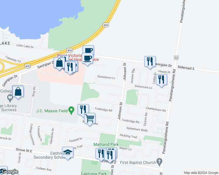 map of restaurants, bars, coffee shops, grocery stores, and more near 193 Dunsmore Lane in Barrie