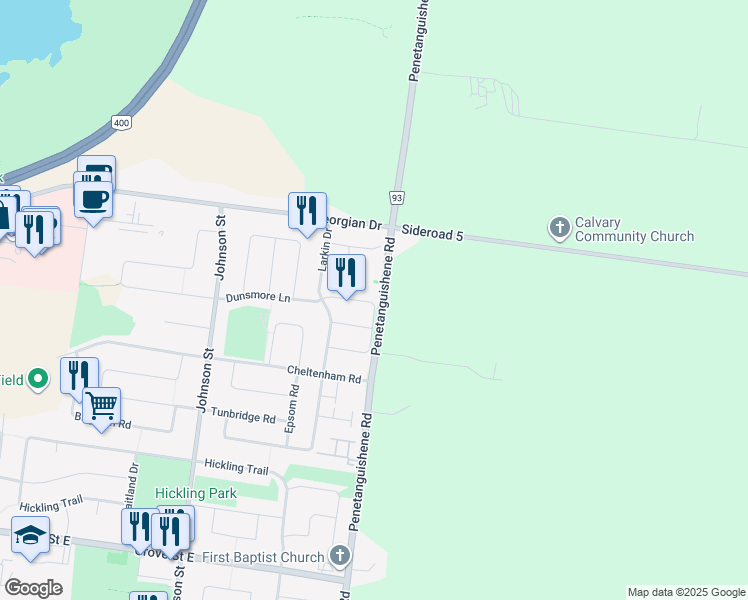 map of restaurants, bars, coffee shops, grocery stores, and more near 388 Dunsmore Lane in Barrie