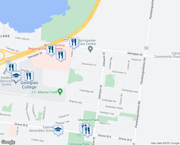 map of restaurants, bars, coffee shops, grocery stores, and more near 187 Dunsmore Lane in Barrie