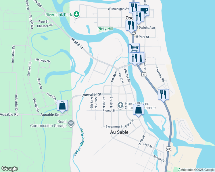 map of restaurants, bars, coffee shops, grocery stores, and more near 400-420 Church St in Au Sable Charter Township