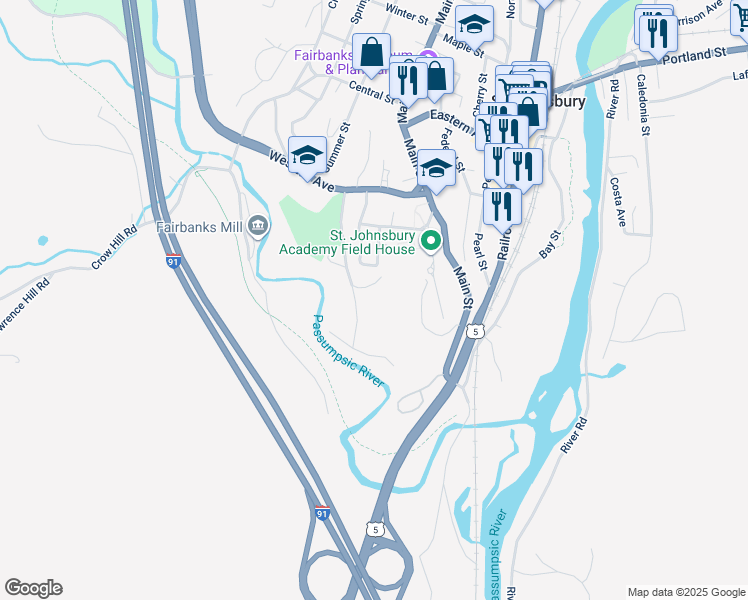 map of restaurants, bars, coffee shops, grocery stores, and more near 205 Barker Avenue in Saint Johnsbury