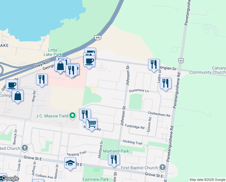 map of restaurants, bars, coffee shops, grocery stores, and more near in Barrie