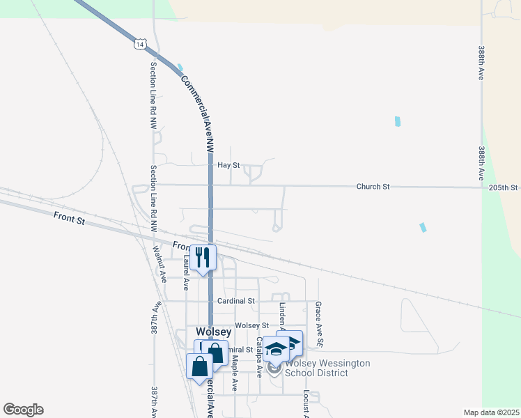 map of restaurants, bars, coffee shops, grocery stores, and more near Nelson Street in Wolsey