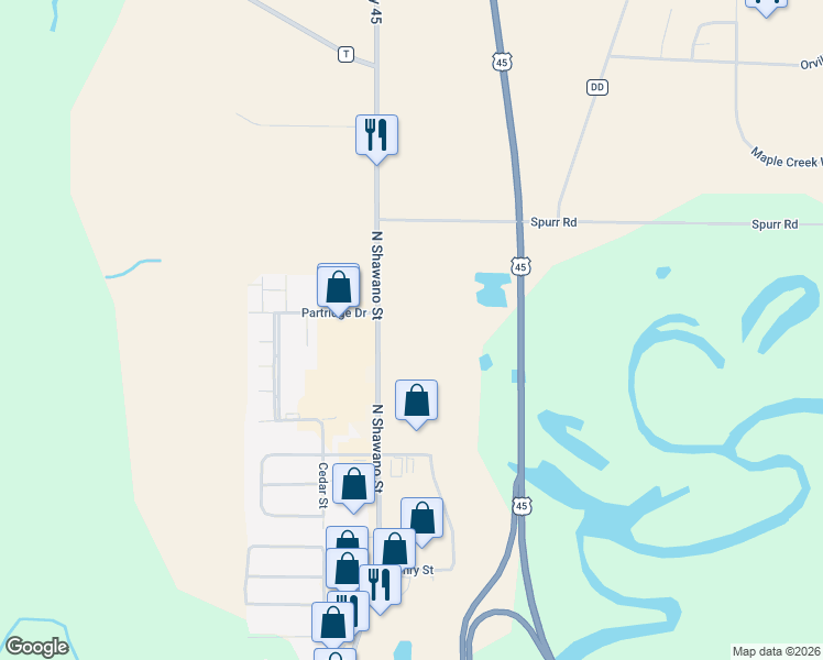 map of restaurants, bars, coffee shops, grocery stores, and more near 1910 North Shawano Street in New London