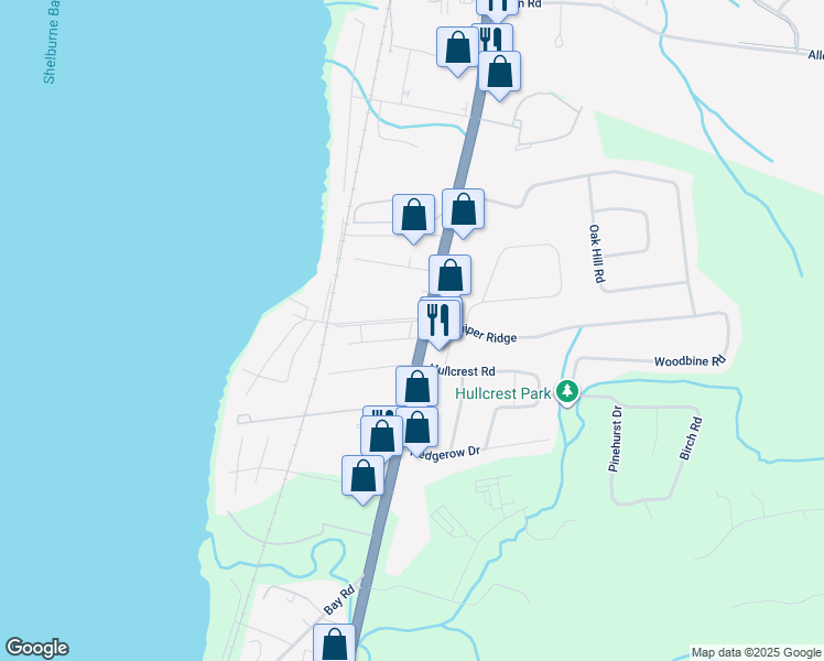 map of restaurants, bars, coffee shops, grocery stores, and more near 45 Palmer Court in Shelburne