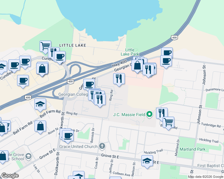map of restaurants, bars, coffee shops, grocery stores, and more near Ring Road in Barrie