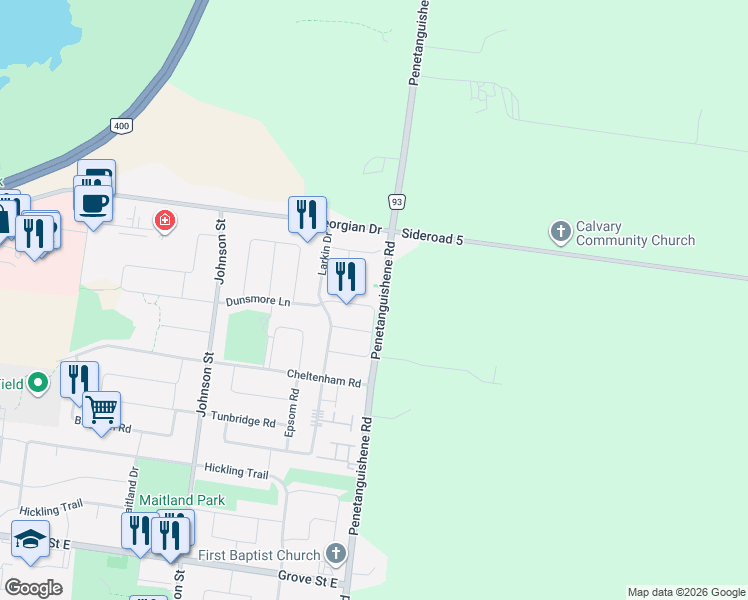 map of restaurants, bars, coffee shops, grocery stores, and more near 388 Dunsmore Lane in Barrie