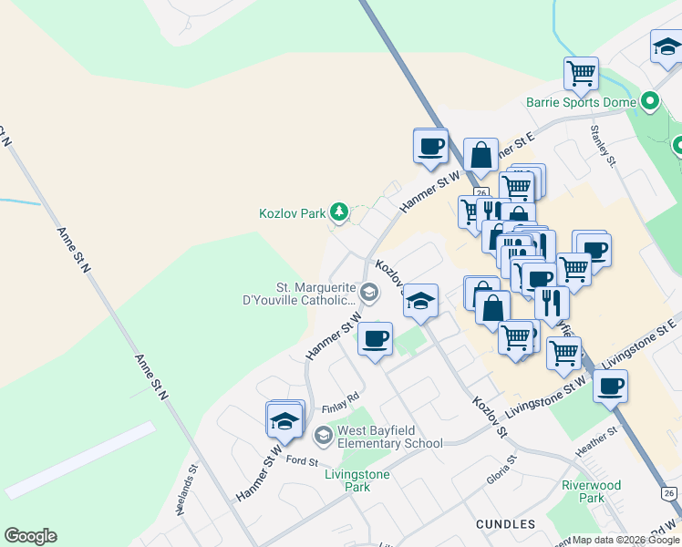map of restaurants, bars, coffee shops, grocery stores, and more near 55 Forsyth Crescent in Barrie