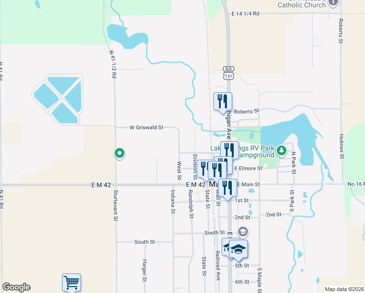 map of restaurants, bars, coffee shops, grocery stores, and more near 300-318 West Street in Manton