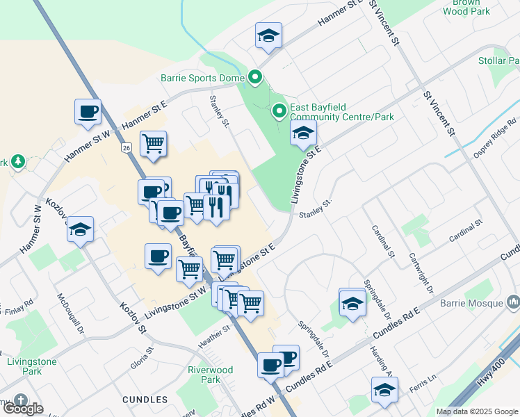 map of restaurants, bars, coffee shops, grocery stores, and more near 175 Stanley Street in Barrie
