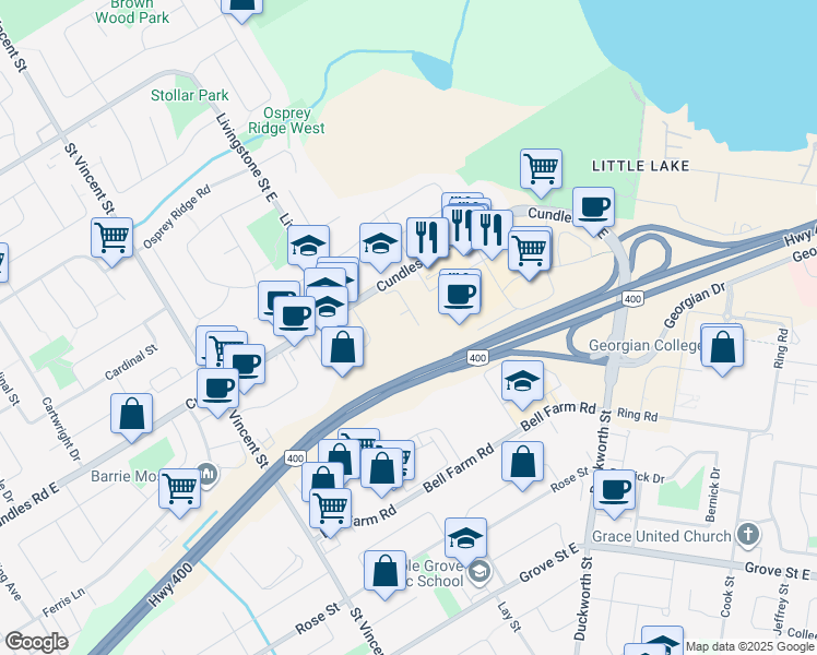 map of restaurants, bars, coffee shops, grocery stores, and more near 299 Cundles Road East in Barrie