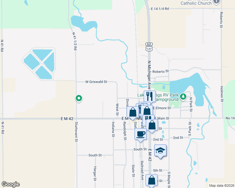 map of restaurants, bars, coffee shops, grocery stores, and more near 300-318 West Street in Manton